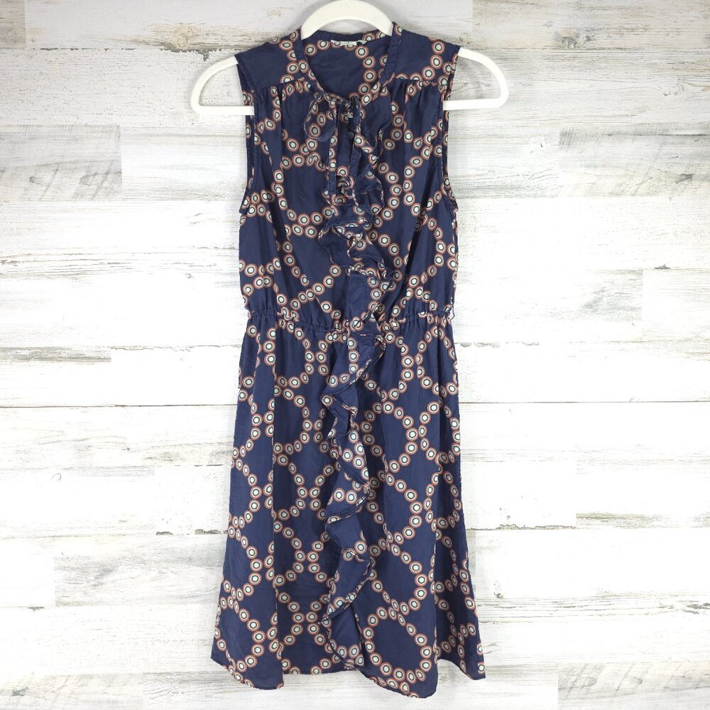 ANTRHOPOLOGIE LIL Bullseye Silk Dress Women's SZ 2 Blue Geo Print Ruffle NO BELT